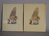 pair of cartoon book covers of a man and a woman with a surfboard