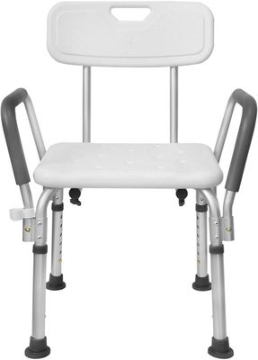 une chaise de douche blanche et grise, avec des accoudoirs et des pieds