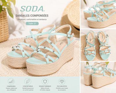 sandales à talons compensés pour femme, avec des lanières cloutées et des semelles compensées