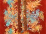 une peinture représentant un arbre sur fond rouge, avec des feuilles bleues et orange