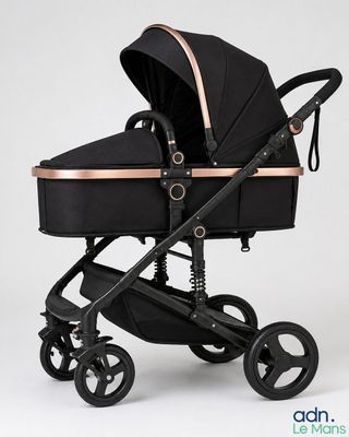 a black and gold stroller with a black seat on a white background