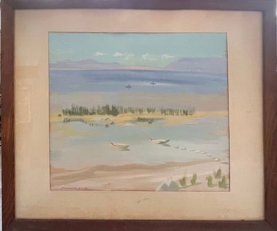 painting of a view of a beach with a boat in the water