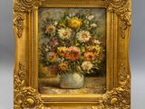 une peinture à l'huile représentant un vase de fleurs sur une table