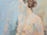 an oil painting of a nude woman sitting on a chair