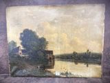 tableau représentant une scène fluviale avec une maison et un bateau sur l'eau