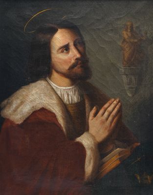 un tableau représentant un homme vêtu d'une robe rouge tenant un livre
