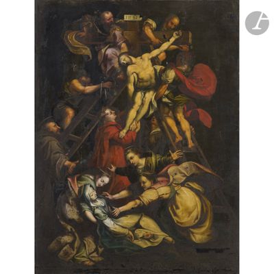 a painting of jesus on the cross being nailed to the cross by a group of people