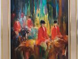 an oil painting of a group of people riding horses in a forest