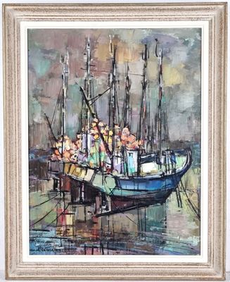 une peinture à l'huile représentant un bateau avec des personnes à bord, sur l'eau
