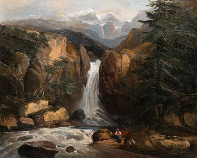 un tableau représentant une cascade au cœur d'une montagne