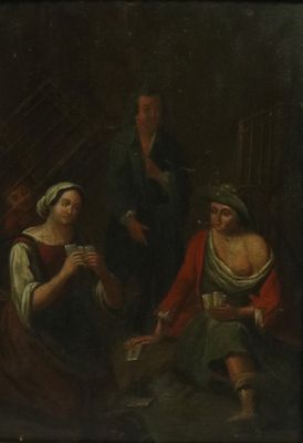 un vieux tableau représentant un homme et deux femmes assis dans une pièce