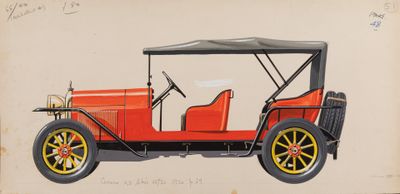dessin représentant une vieille voiture rouge avec un toit noir et des jantes jaunes