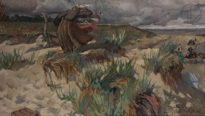an image of a painting of a man on a horse in the sand