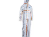 a white suit with orange trims and a hood on it