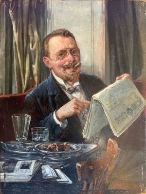 tableau représentant un homme assis à une table en train de lire un journal