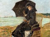 painting of a woman sitting on a bench with an umbrella