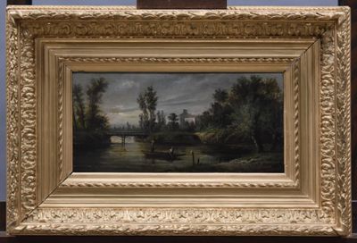 l'image d'une peinture représentant une rivière avec un pont en arrière-plan