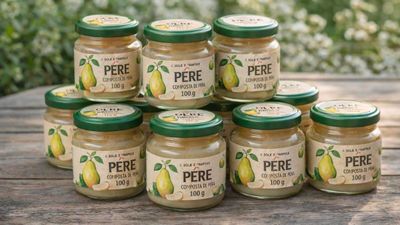 six pots de beurre de poire posés sur une table en bois