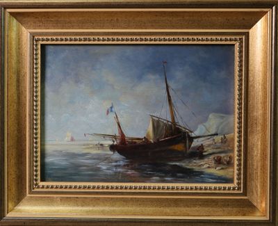 une peinture à l'huile représentant un bateau dans un plan d'eau
