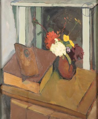 une peinture représentant un vase de fleurs sur une table