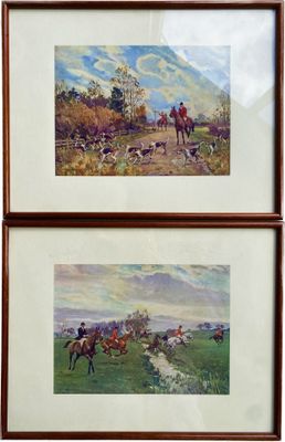 two framed paintings of horses and riders in a field