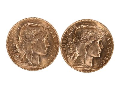 Deux pièces de vingt francs or au coq, 1910. Usures. - Photo 1