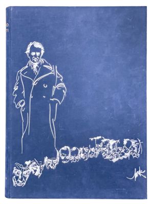 un livre bleu sur lequel est dessiné un homme en costume-cravate