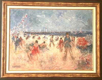 painting of a beach scene with people playing in the sand