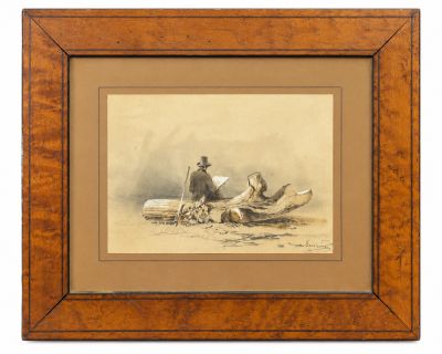 tableau représentant un homme et un chien dans un canoë sur une plage
