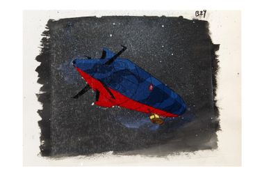 a drawing of a red and blue boat on a black background
