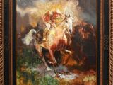 une peinture à l'huile représentant un homme à cheval dans un champ