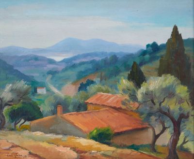 une peinture à l'huile représentant un paysage rural avec une maison et des arbres