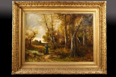une peinture à l'huile représentant un homme avec un parapluie dans un environnement boisé