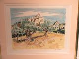a picture of a watercolor painting of olive trees in a field