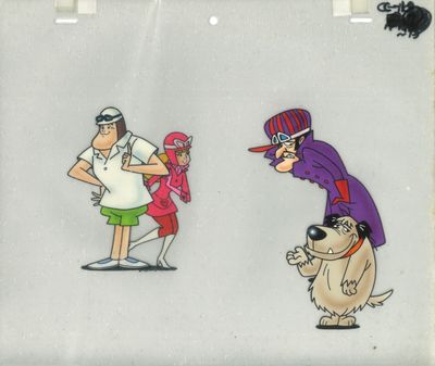 une image représentant un personnage de dessin animé avec un chien et un homme