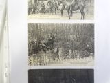 two black and white photos of horses and people in a field