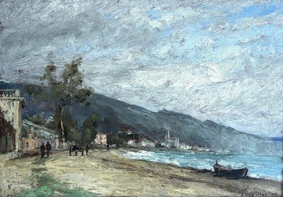 a painting of a beach scene with a boat on the shore