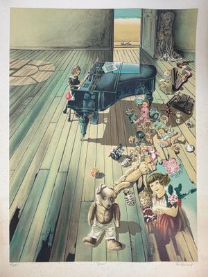 an image of a painting of a man playing a piano in a room full of people