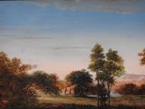 painting of a painting of a landscape with a river in the foreground and trees in the foreground