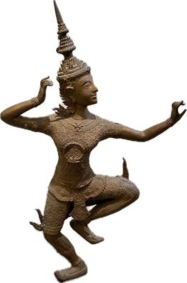 bronze statue of a woman with a bird on her head