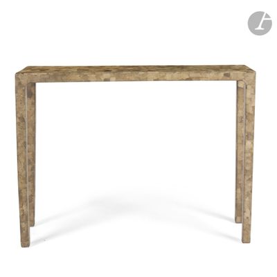 a wooden console table with a marble top and legs