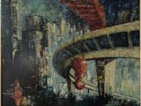 une peinture à l'huile représentant une borne d'incendie rouge dans une rue de la ville
