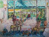an oil painting of a restaurant with tables and chairs in front of a large window