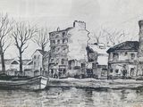 drawing of a boat in a body of water next to a building