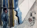drawing of a man standing in front of a building with a clock on it ' s side