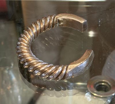 a close up of a metal ring on display in a glass case