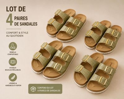 four pairs of sandals with buckles on them on a white background
