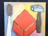 peinture représentant une boîte rouge et un marteau sur un fond noir