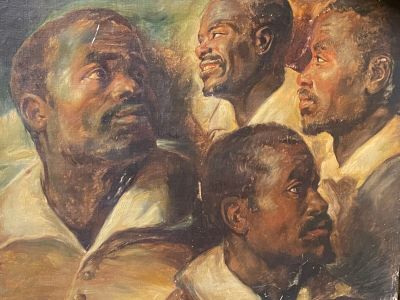 un tableau représentant un groupe d'hommes réunis