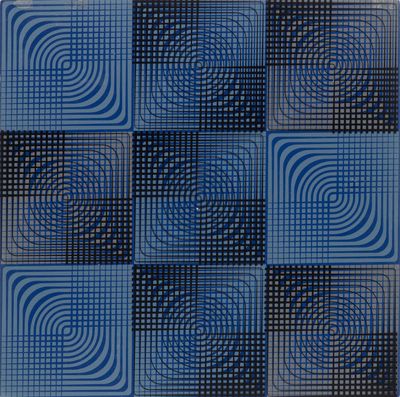 une image représentant un carrelage bleu et noir orné de carrés et de cercles